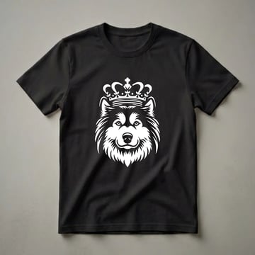 White graphic of an Alaskan Malamute dog wearing a detailed crown, set against a black background. This shirt is for dog lovers.