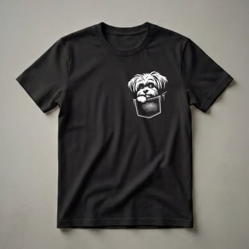 Black t-shirt featuring a white graphic of a small, fluffy Morkie dog peeking out of a stylized chest pocket.