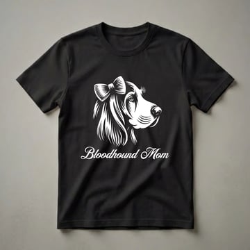 White graphic of a Bloodhound dog's head with a bow and the text 'Bloodhound Mom' on a black shirt.