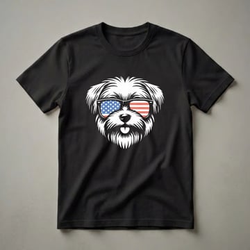 White Morkie dog wearing black sunglasses with the American flag design, printed on a black t-shirt.
