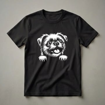 White graphic of a Brussels Griffon dog's face peeking with its tongue out, on a black t-shirt.