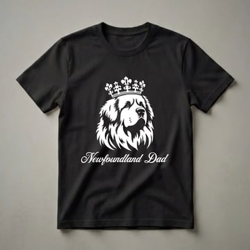 White graphic of a Newfoundland dog wearing a crown, with the words 'Newfoundland Dad' in script below, on a black t-shirt.