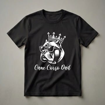 White graphic of a Cane Corso dog wearing sunglasses and a crown, with the text 'Cane Corso Dad' below, on a black shirt.