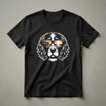 Black and white graphic t-shirt featuring the head of an English Springer Spaniel wearing sunglasses that reflect a tropical sunset beach scene with palm trees.