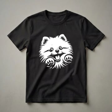 White graphic of a Pomeranian dog's face with paws raised, peeking from the bottom edge against a black background.