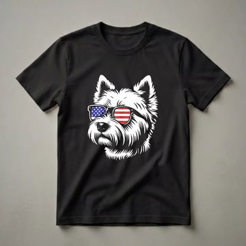 Black t-shirt with a white woodcut-style portrait of a West Highland White Terrier wearing sunglasses, left lens showing stars and right lens showing red and white stripes.