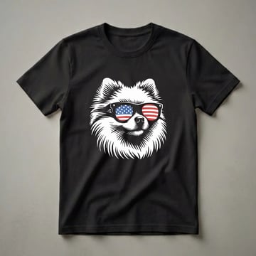 White Pomeranian dog wearing black sunglasses with the American flag design, displayed on a black background.