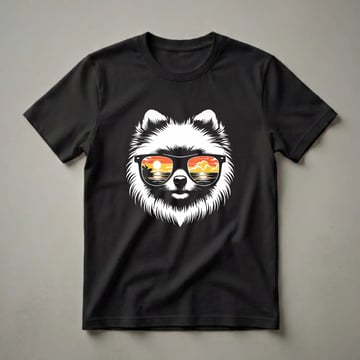 White Pomeranian dog wearing black sunglasses with a sunset ocean reflection graphic on a black t-shirt.