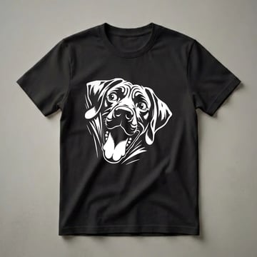 White graphic of a Rhodesian Ridgeback dog's face with its tongue out, on a black t-shirt.