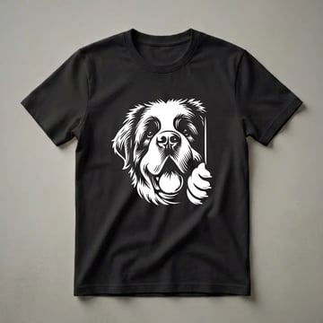 White graphic of a Saint Bernard dog's face peeking from the right side, with its paw visible, on a black background.