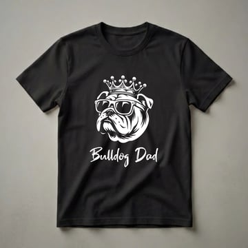 White graphic of an English Bulldog wearing sunglasses and a crown, with the text 'Bulldog Dad' below, on a black t-shirt.