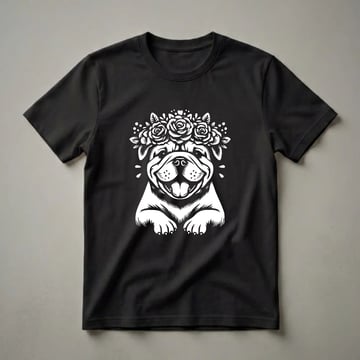 White graphic of an English Bulldog wearing a crown of roses and small flowers, with its paws resting forward, on a black background.
