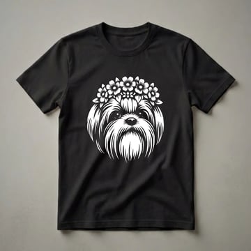 White graphic of a Shih Tzu dog wearing a flower crown on a black background, featuring the dog's face and flowing fur.