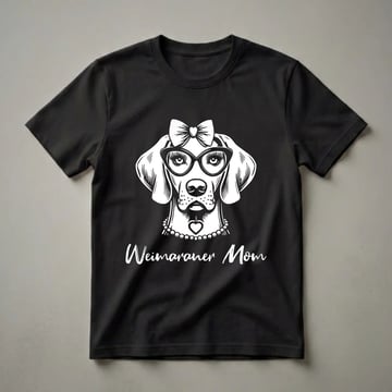 White graphic of a Weimaraner dog wearing large glasses, a bow, and a pearl necklace, with the text 'Weimaraner Mom' below, on a black t-shirt.