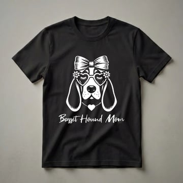 White graphic on a black shirt features a Basset Hound wearing a bow, heart-shaped sunglasses, and a beaded necklace with a heart, with 'Basset Hound Mom' text below.
