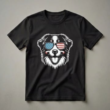 Black t-shirt featuring a graphic of a Bernese Mountain Dog's head wearing sunglasses with the American flag design, tongue out.