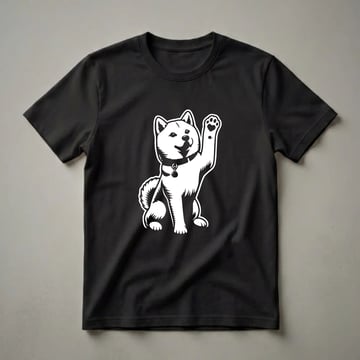 White graphic of a sitting Shiba Inu dog with its right paw raised, featuring a heart shape in the paw pad, on a black t-shirt.