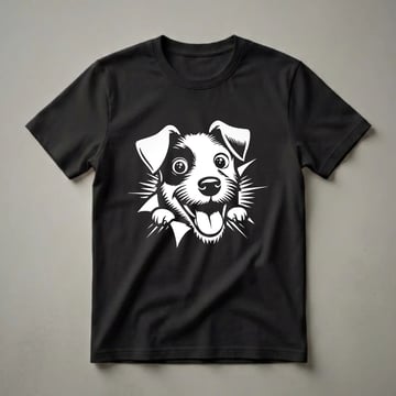 White graphic of a happy Jack Russell Terrier dog peeking out with its tongue out, on a black background.