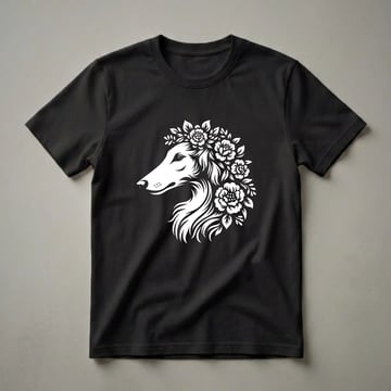 White graphic of a Borzoi dog's head wearing a wreath of flowers and leaves, set against a black background.