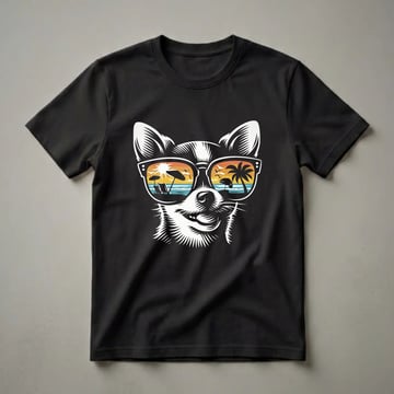 Black t-shirt with a white graphic of a Chihuahua dog wearing sunglasses that reflect a beach scene with lounge chairs, umbrellas, palm trees, and a sunset.