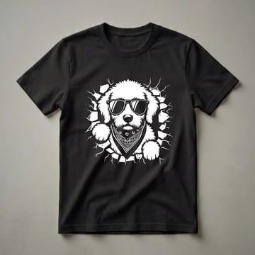 White graphic of a fluffy Labradoodle dog wearing black sunglasses and a patterned bandana, breaking through a cracked black background, on a black t-shirt.