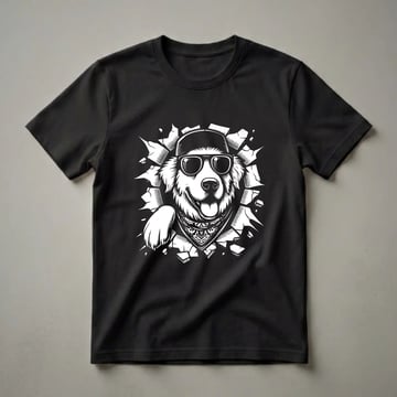Black and white graphic t-shirt featuring a Golden Retriever wearing sunglasses and a bandana, breaking through a cracked wall.