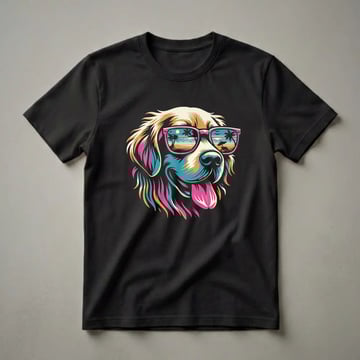 Black t-shirt featuring a colorful graphic of a Golden Retriever wearing pink sunglasses that reflect a beach scene with palm trees and a sunset.