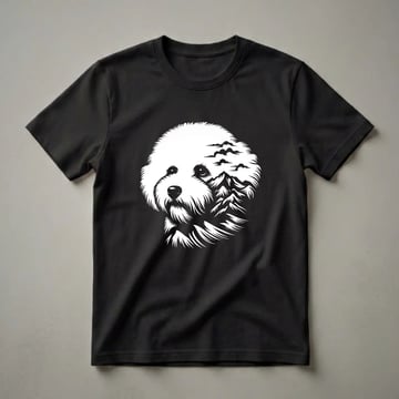 White graphic of a Bichon Frise dog's face with a mountain range and clouds integrated into its fluffy fur, set against a black background.