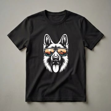 Black t-shirt with a graphic of a white German Shepherd's face wearing sunglasses that reflect a mountain sunset scene with pine trees.
