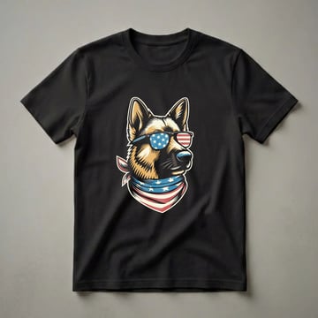 A graphic t-shirt featuring a German Shepherd wearing sunglasses and a bandana, both designed with American flag stars and stripes patterns.