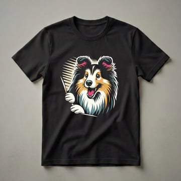 Black t-shirt featuring a colorful, stylized illustration of a Shetland Sheepdog's head peeking from the side, with sharp, angular lines and a black background.