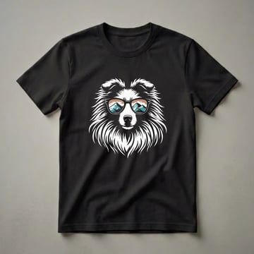 White line art graphic of a Shetland Sheepdog wearing black sunglasses reflecting a mountain landscape, on a black t-shirt.