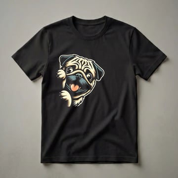 Black t-shirt featuring a stylized illustration of a pug's face peeking from the left side, with its tongue out and paws visible, rendered in a retro comic art style.