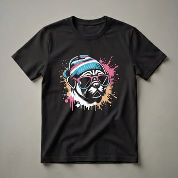 Black t-shirt featuring a graphic of a pug wearing pink sunglasses and a striped beanie, with pink, blue, and tan paint splatters.