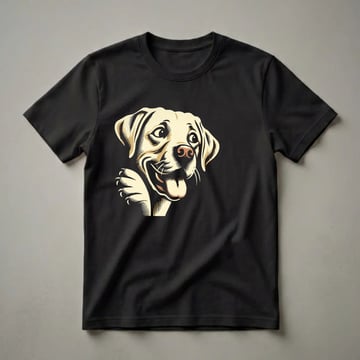 Cream and gold graphic t-shirt featuring a happy, peeking Labrador Retriever with its tongue out against a black background.