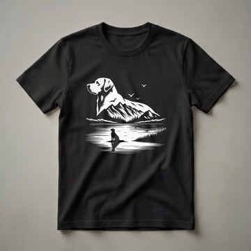 Black t-shirt with a white graphic design of a Labrador Retriever's head merged with mountains and trees, a smaller Labrador silhouette sits by a lake with birds flying overhead.