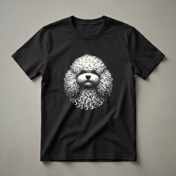 Black and white graphic art t-shirt featuring a detailed portrait of a Puli dog's face with its characteristic corded coat.