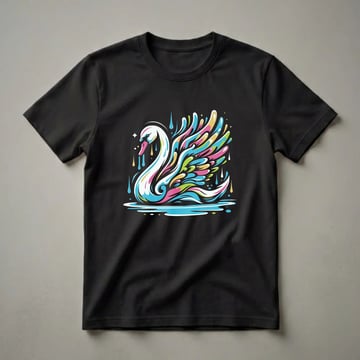 Black t-shirt featuring a white swan with abstract, colorful wings in pink, blue, green, and yellow, with blue water at the bottom.