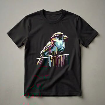 Black t-shirt featuring a colorful geometric sparrow wearing sunglasses, with a dripping paint effect on its body and perch.