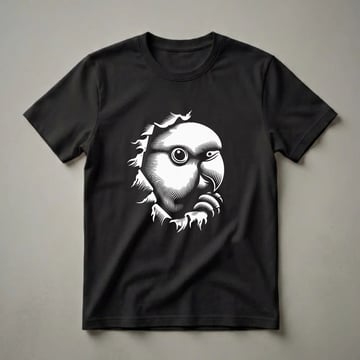 White linocut graphic of a parakeet's head with detailed feathering and a prominent eye, set against a black background.