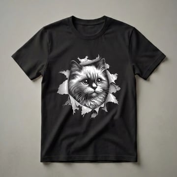 Black and white graphic t-shirt featuring a detailed illustration of a Ragdoll cat's face peeking through torn paper.