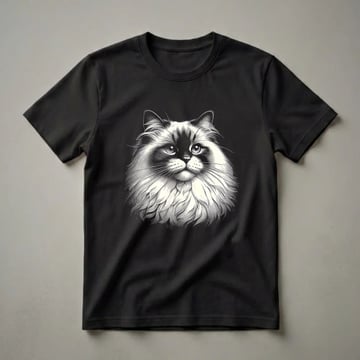 Black and cream scratchboard graphic t-shirt featuring the detailed face of a Ragdoll cat with striking blue eyes and a fluffy mane.