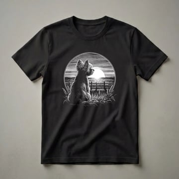 Black and white graphic t-shirt featuring a vintage illustration of a Yorkshire Terrier sitting in a grassy field looking at a sunset.