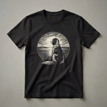 Black t-shirt featuring a graphic art design of an English Springer Spaniel sitting in profile, looking out at a lake scene with a large sun and stylized clouds, all within a circular frame.
