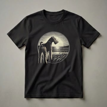 Black t-shirt featuring a vintage-style graphic of an Airedale Terrier standing in grass by the water with a large sun or moon in the background, enclosed in a circle.