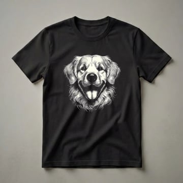 Black and white line art illustration of a smiling Golden Retriever dog face with its tongue out, set against a black background.