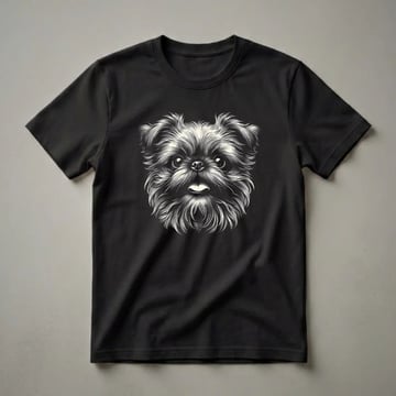 Black and white line art illustration of a Brussels Griffon dog's face, featuring detailed fur, expressive eyes, and a slightly open mouth, on a black t-shirt.