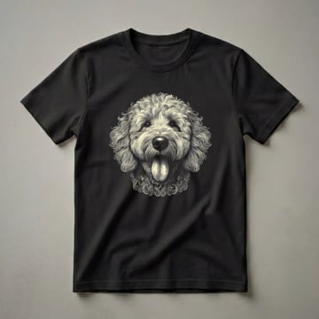 A cream-colored Goldendoodle dog's face depicted in a detailed, vintage line art style with its tongue out, set against a solid black background.