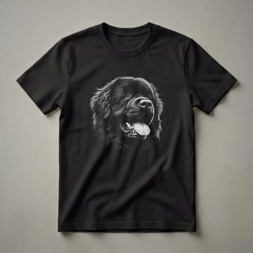 Black t-shirt featuring a detailed white scratchboard illustration of a Newfoundland dog's face with its tongue out, against a black background.