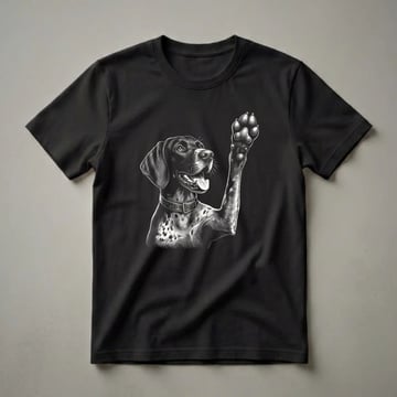 Black and white woodcut-style graphic of a German Shorthaired Pointer dog raising its paw, with detailed linework showing its face, collar, and paw pads.